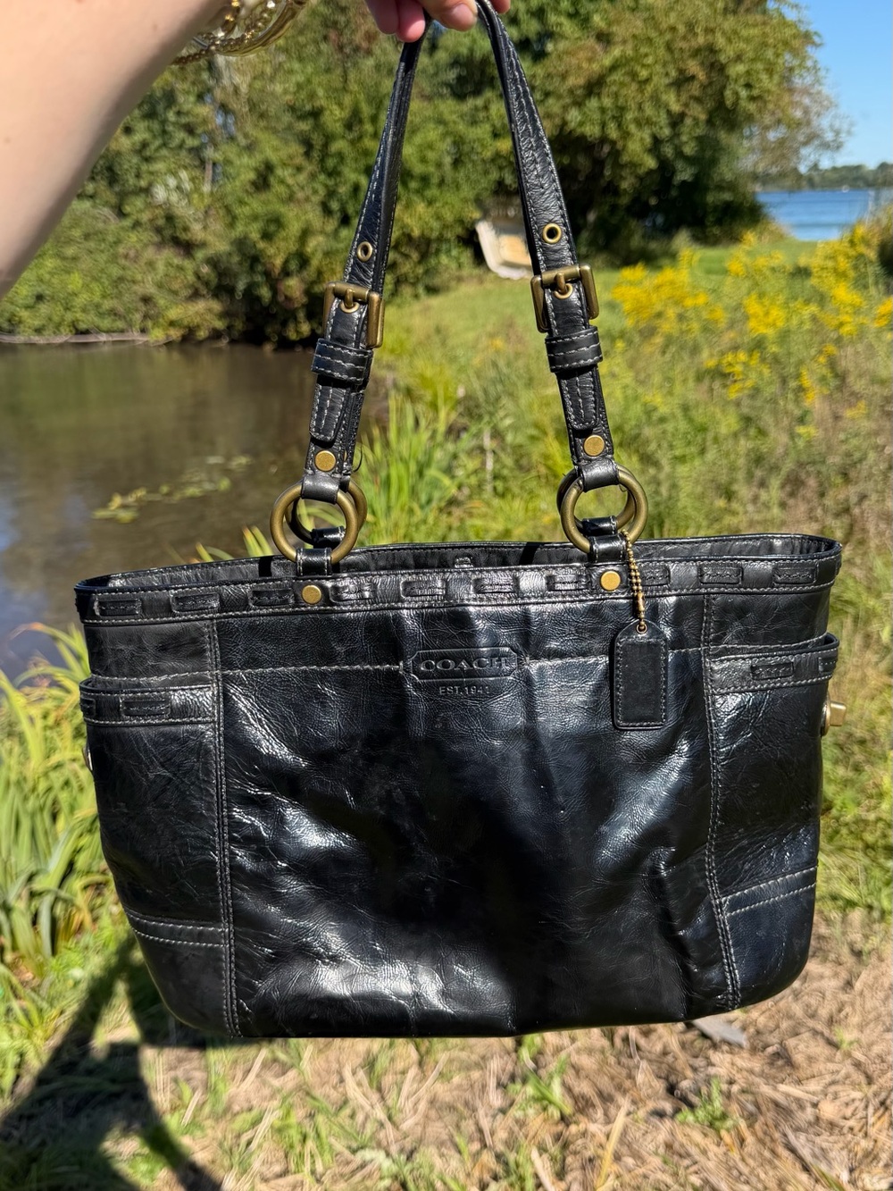 Coach Black Leather Tote with Brass Hardware